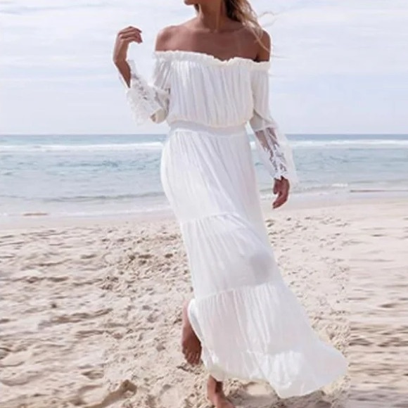 Women white boho off shoulder maxi dress photoshoot - Picture 9 of 10
